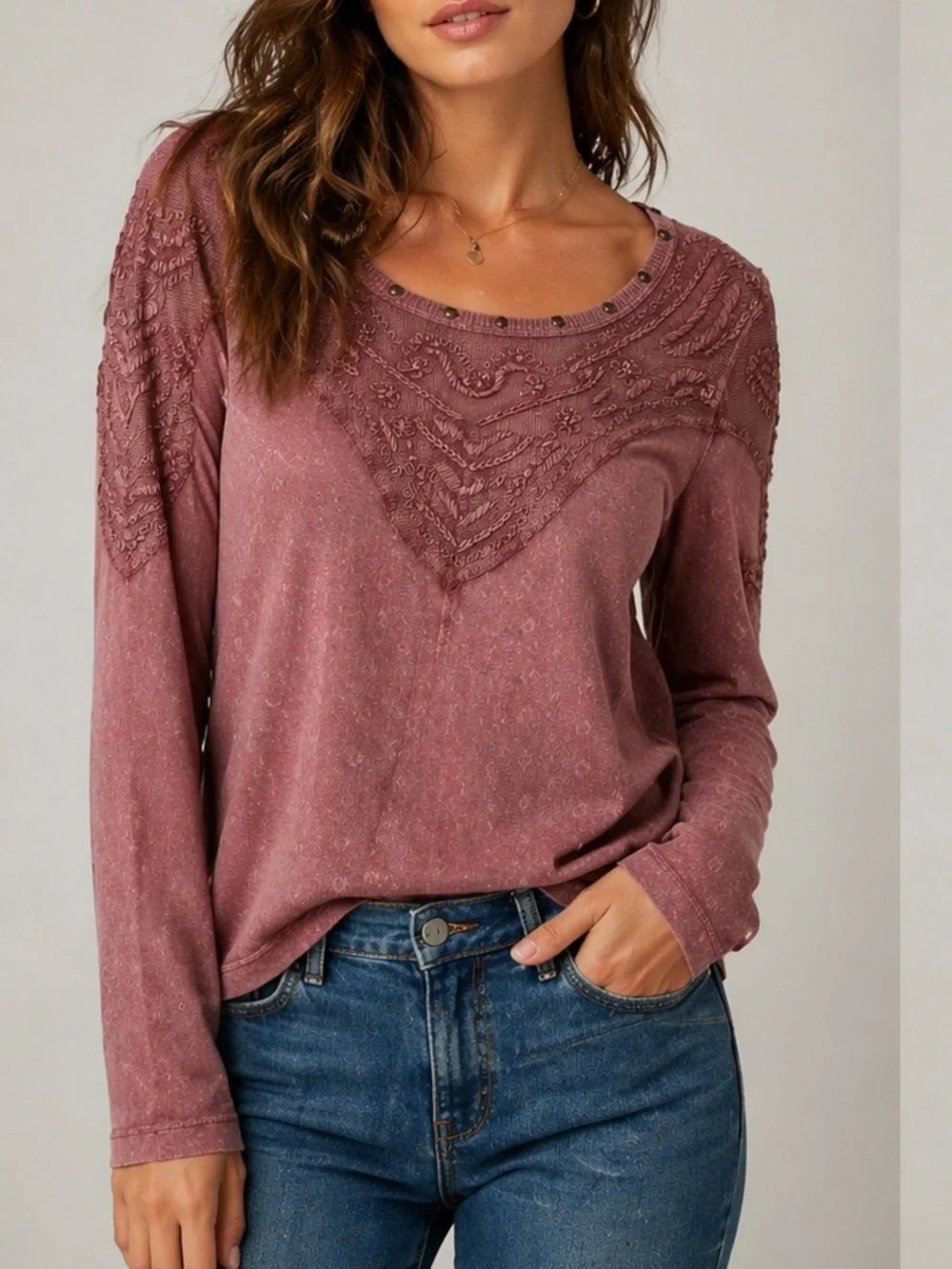 Free People Embellished Embroidered Sheer‎ Lace Boho Mauve Long Sleeve Top